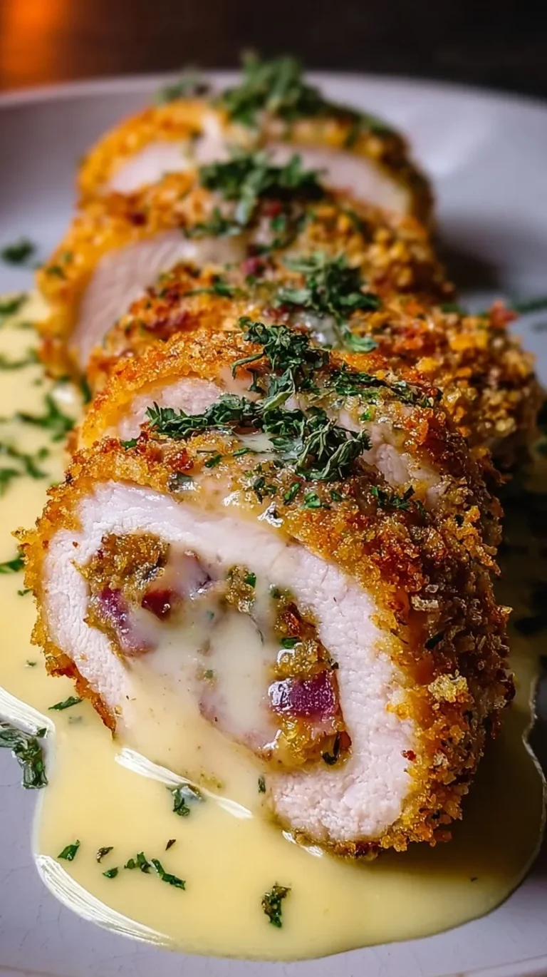 Golden brown crunchy chicken cordon bleu sliced open with melty cheese and dijon sauce