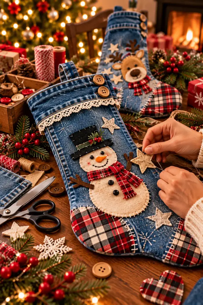 Personalizing a DIY denim Christmas stocking with a snowman patch, felt stars, plaid fabric, lace, and wooden buttons.