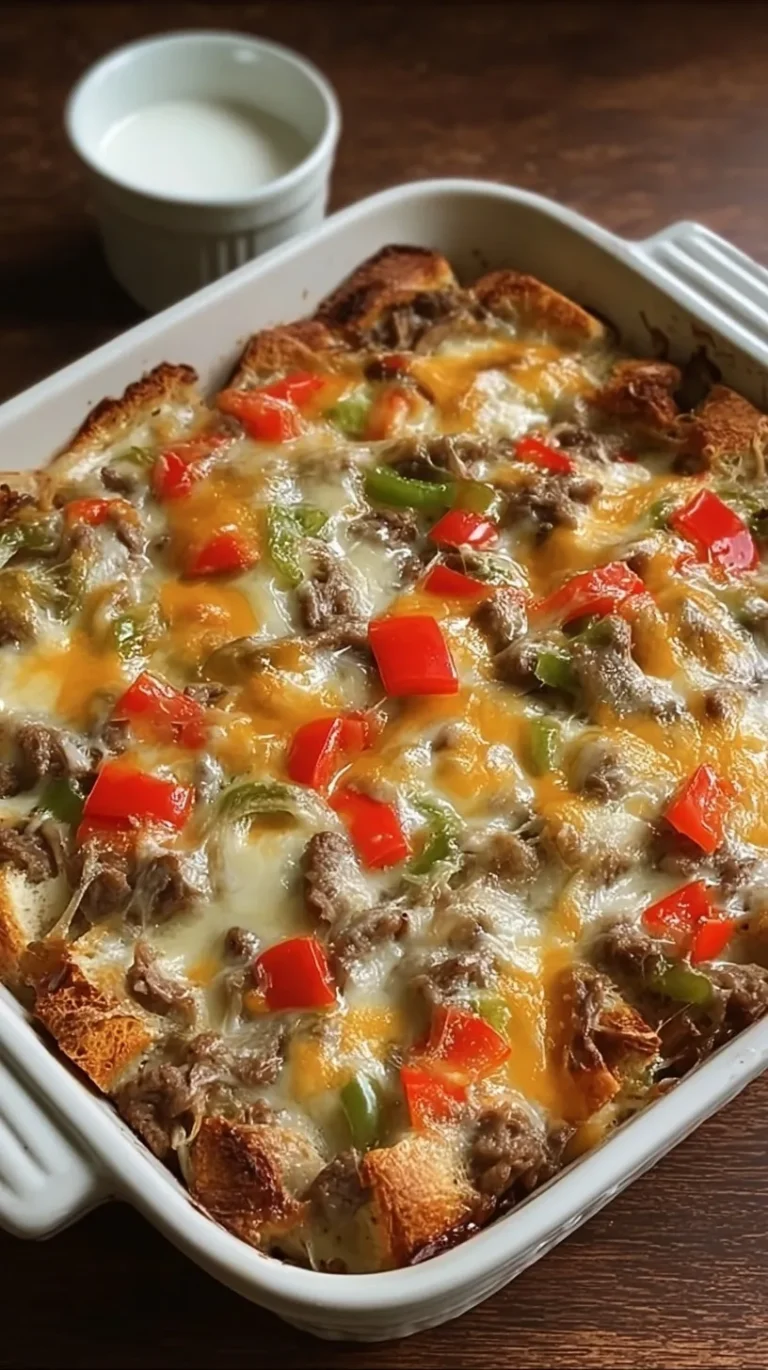 A baked Philly Cheese Steak Casserole with melted provolone cheese and green peppers in a glass dish.