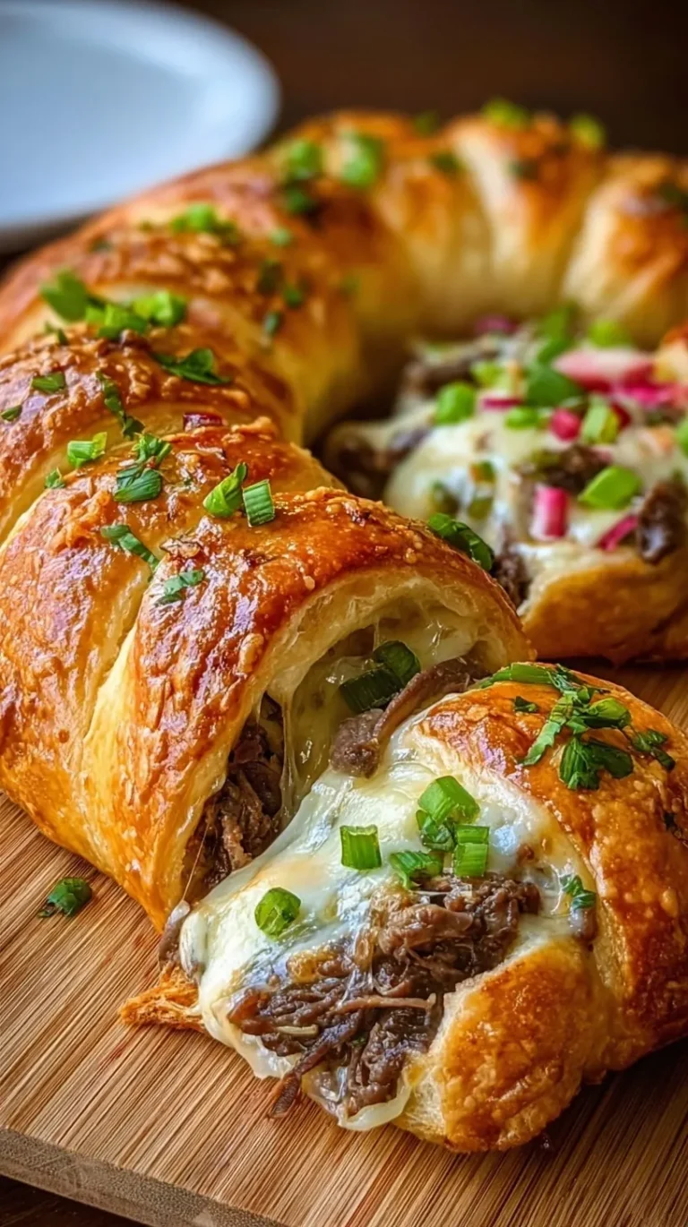 Golden brown Philly Cheese Steak Crescent rolls on a baking sheet with melted cheese peeking out.