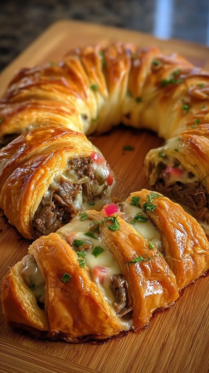 A golden brown Philly Cheese Steak Crescent Ring sliced on a baking sheet.
