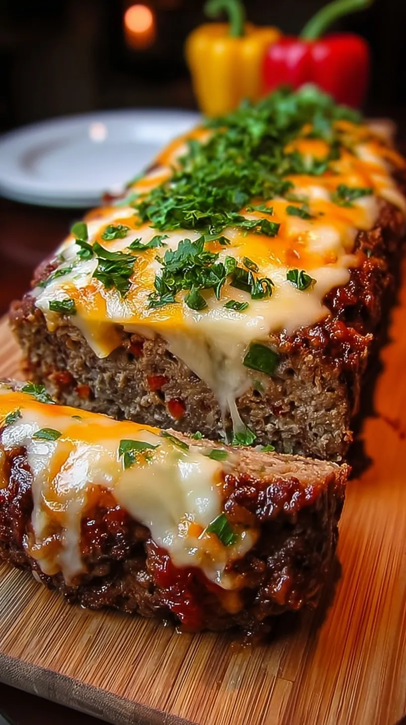 A sliced Philly Cheese Steak Meatloaf showing a melted provolone cheese center and sautéed green peppers.