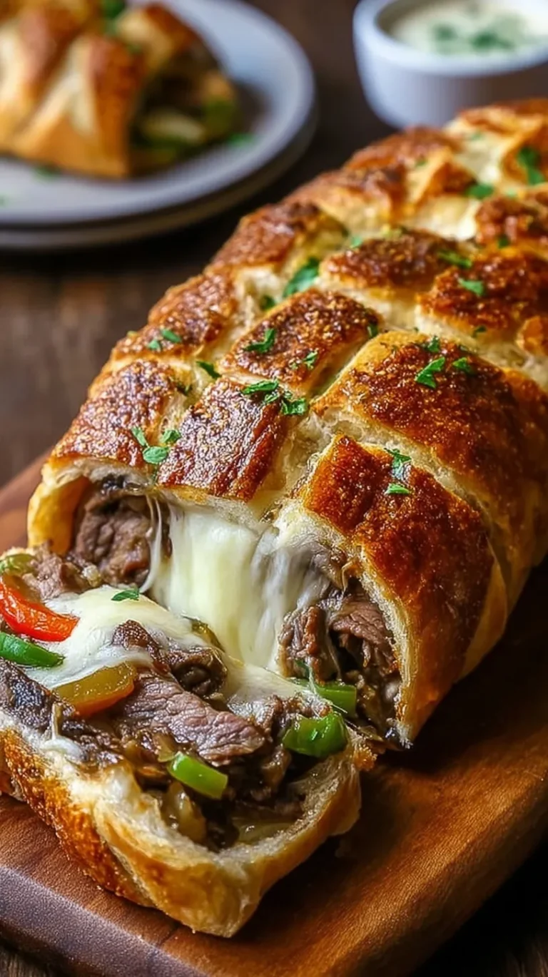 A golden brown loaf of Philly Cheese Steak Stuffed Bread sliced to show melted cheese and steak filling.