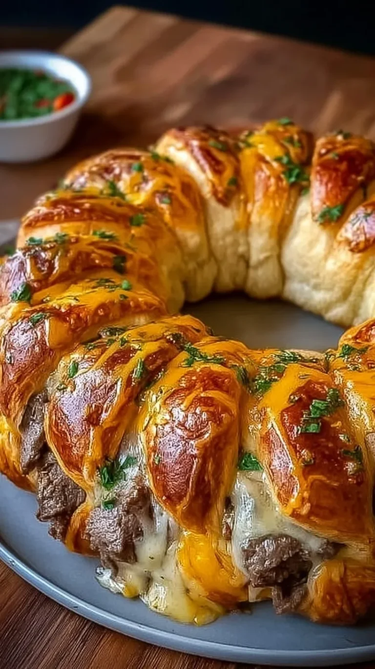 A golden brown Philly Cheesesteak Crescent Ring sliced on a baking sheet.