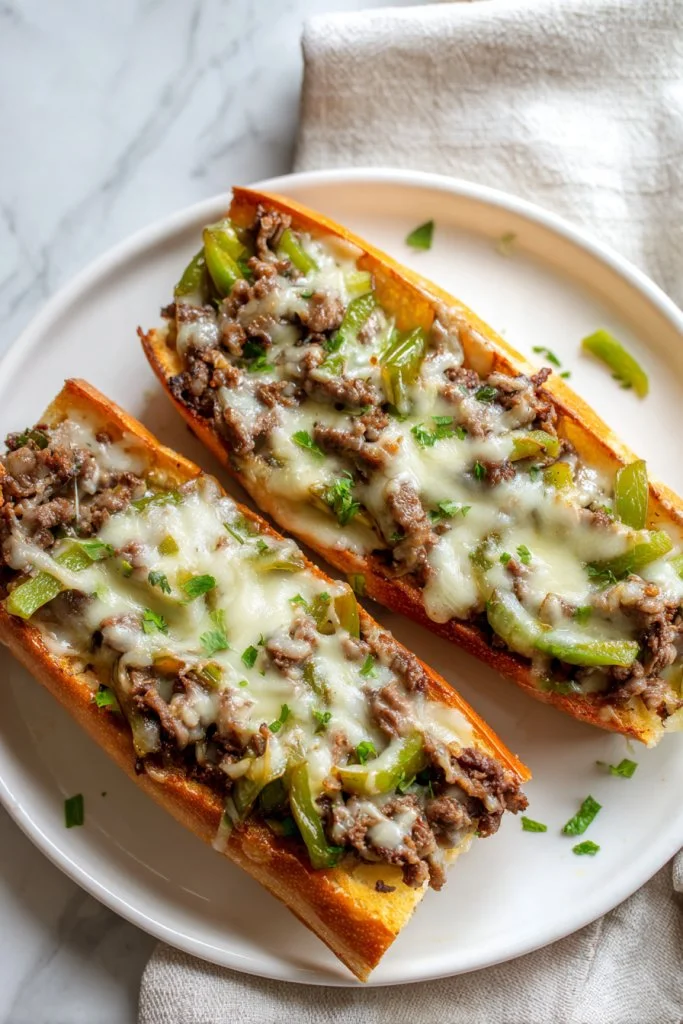 Philly cheesesteak garlic bread topped with cheese and steak on a wooden board