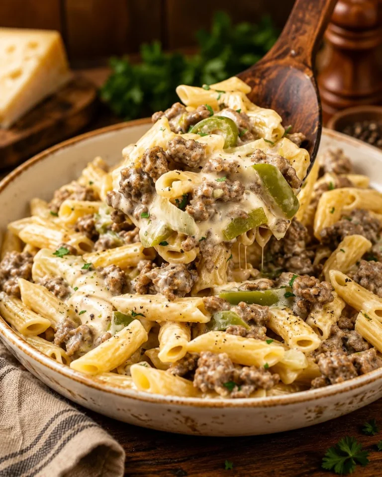 Delicious Philly Cheesesteak Pasta served in a bowl, garnished with herbs.