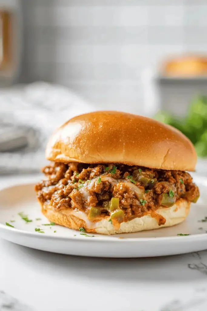 Philly Cheesesteak Sloppy Joes served on a plate with toppings