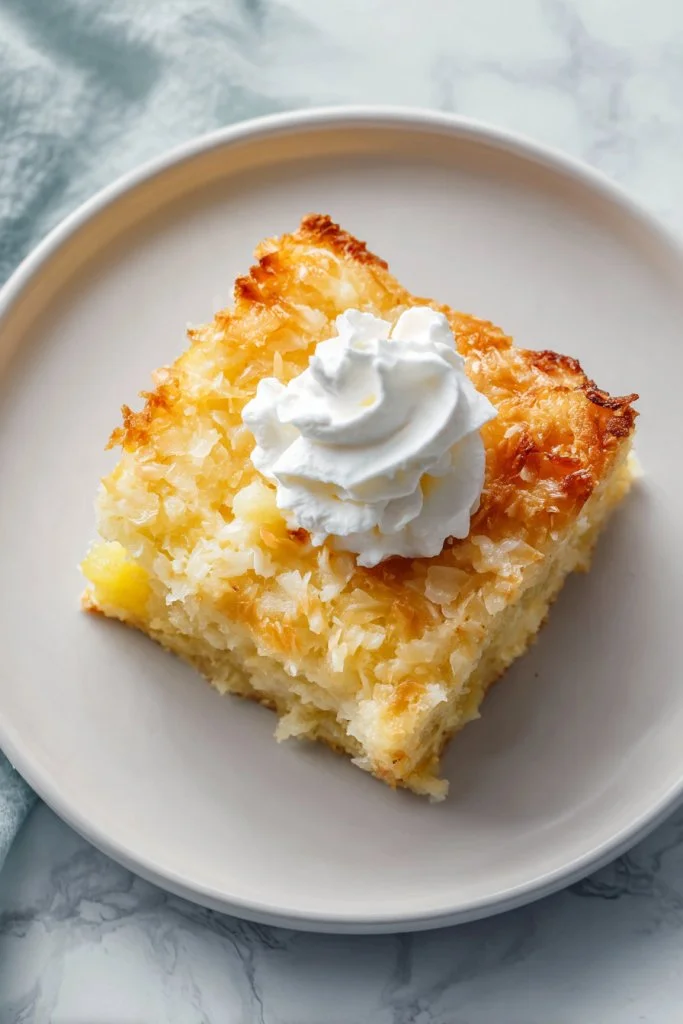 Delicious Pineapple Coconut Dump Cake served on a plate with fresh pineapple slices.