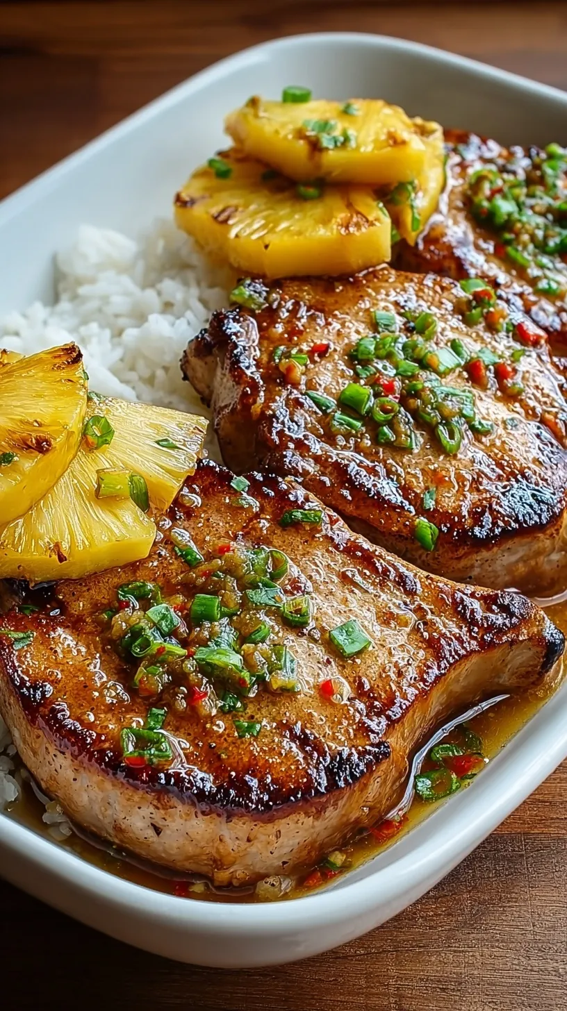 Pan-seared pork chops glazed in a bright pineapple ginger sauce with fresh fruit chunks.