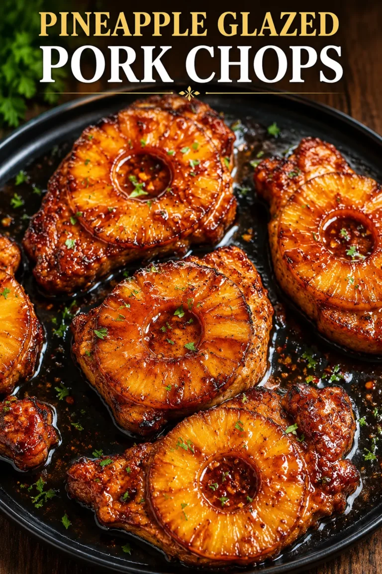 Slow cooker pork chops topped with caramelized pineapple rings and coated in a rich pineapple brown sugar glaze.