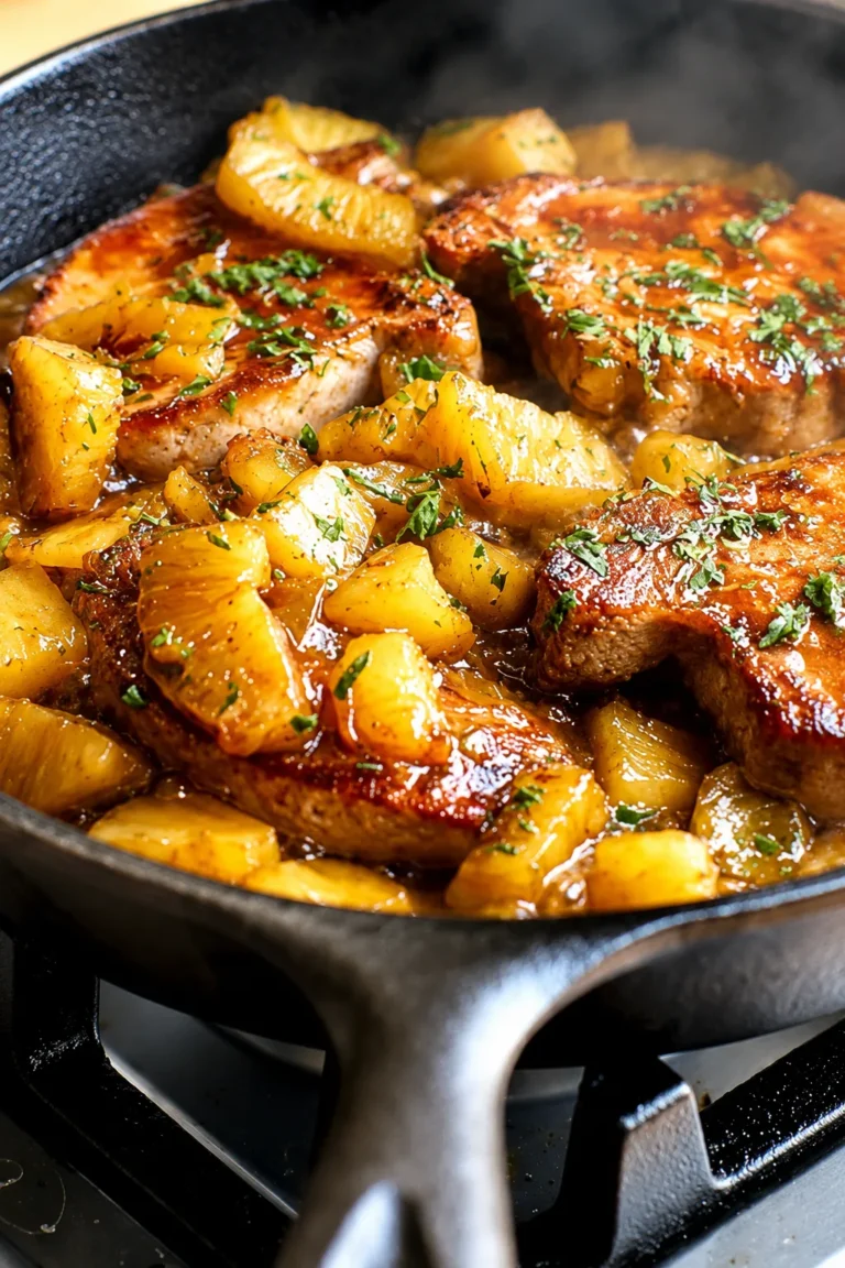 Juicy pineapple glazed pork chops cooking in a skillet with caramelized pineapple chunks and fresh parsley garnish.