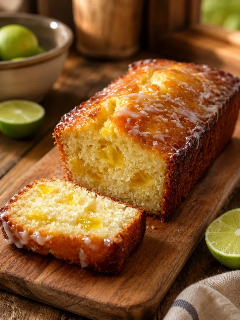 Freshly baked Pineapple Quick Bread with slices on a wooden board