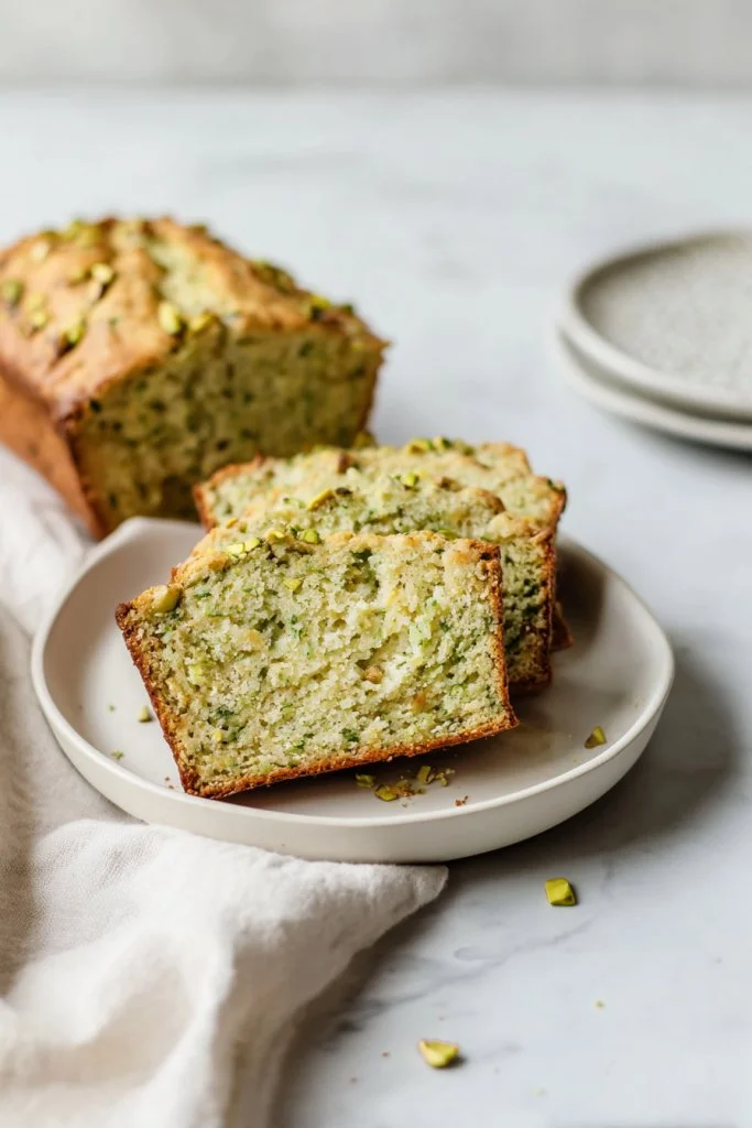 Freshly baked pistachio zucchini bread on a wooden cutting board