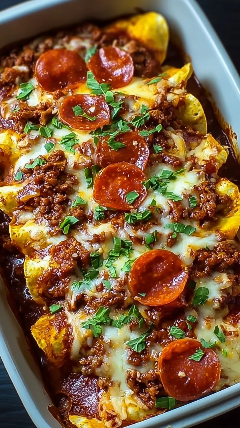 Cheesy pizza enchiladas in a baking dish topped with pepperoni and olives