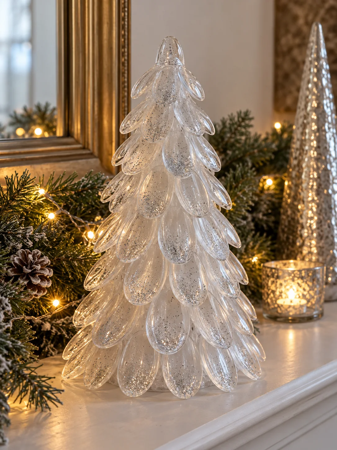 Finished sparkling holiday tree made from clear plastic spoon petals