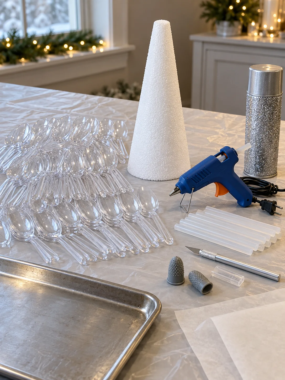 Materials for a plastic spoon tree arranged on a protected craft table