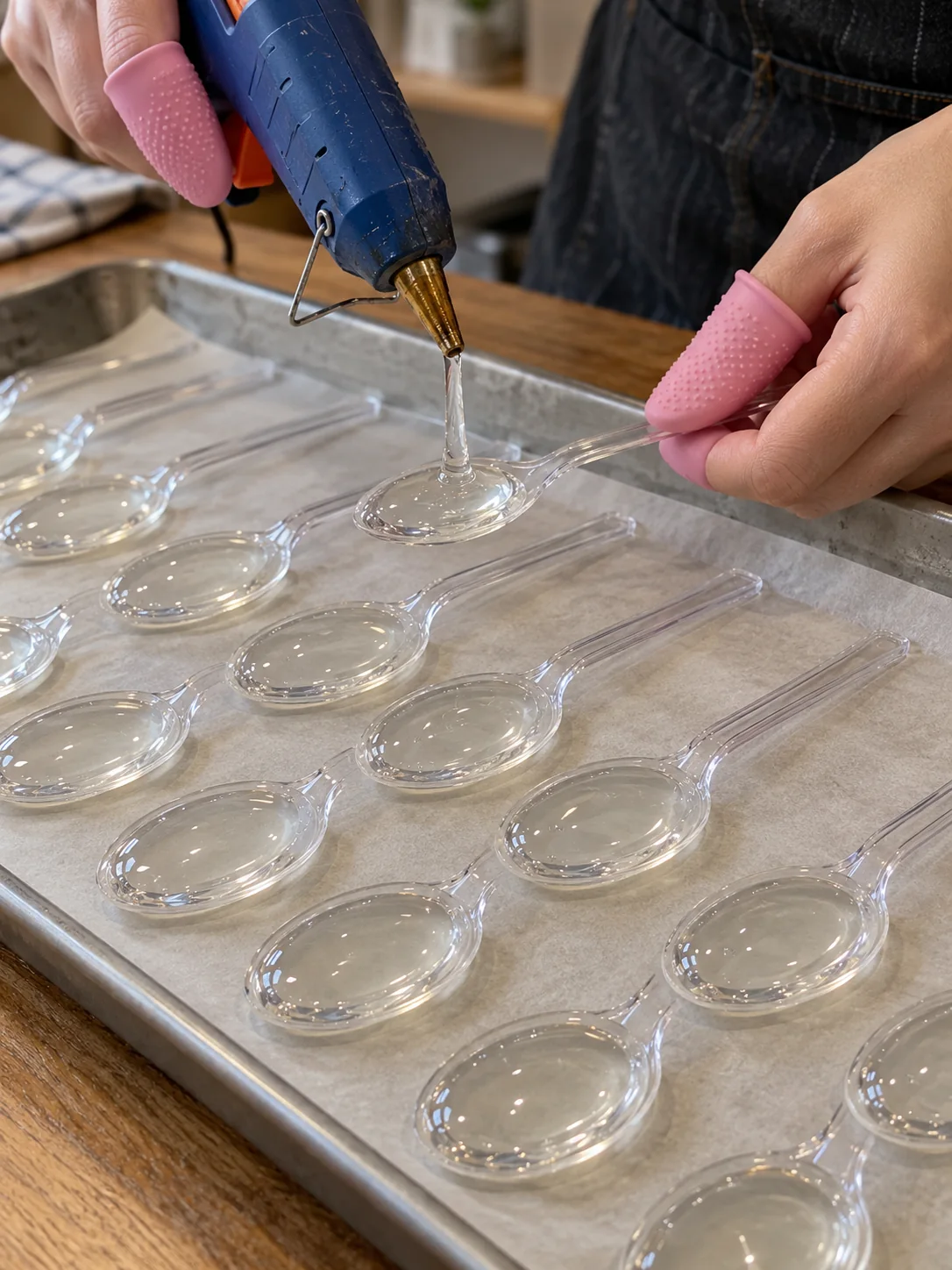 Clear plastic spoon bowls filled with transparent hot glue on a tray