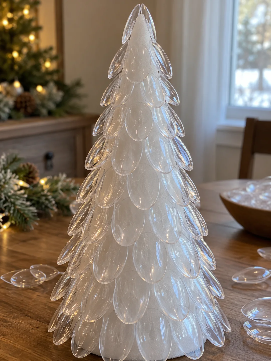 Clear spoon petals arranged in overlapping rings up a foam cone