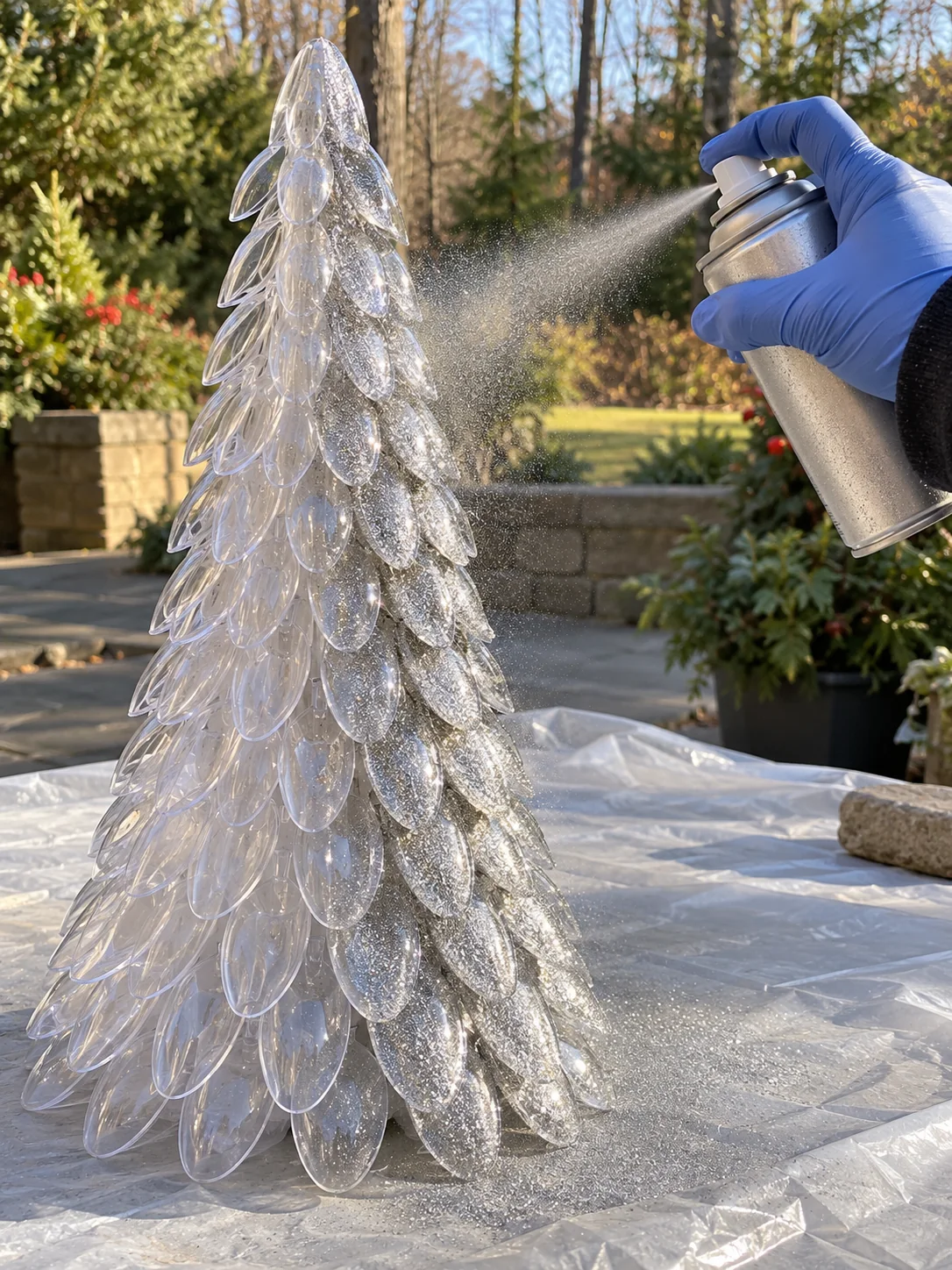 Plastic spoon holiday tree receiving a light silver glitter spray finish