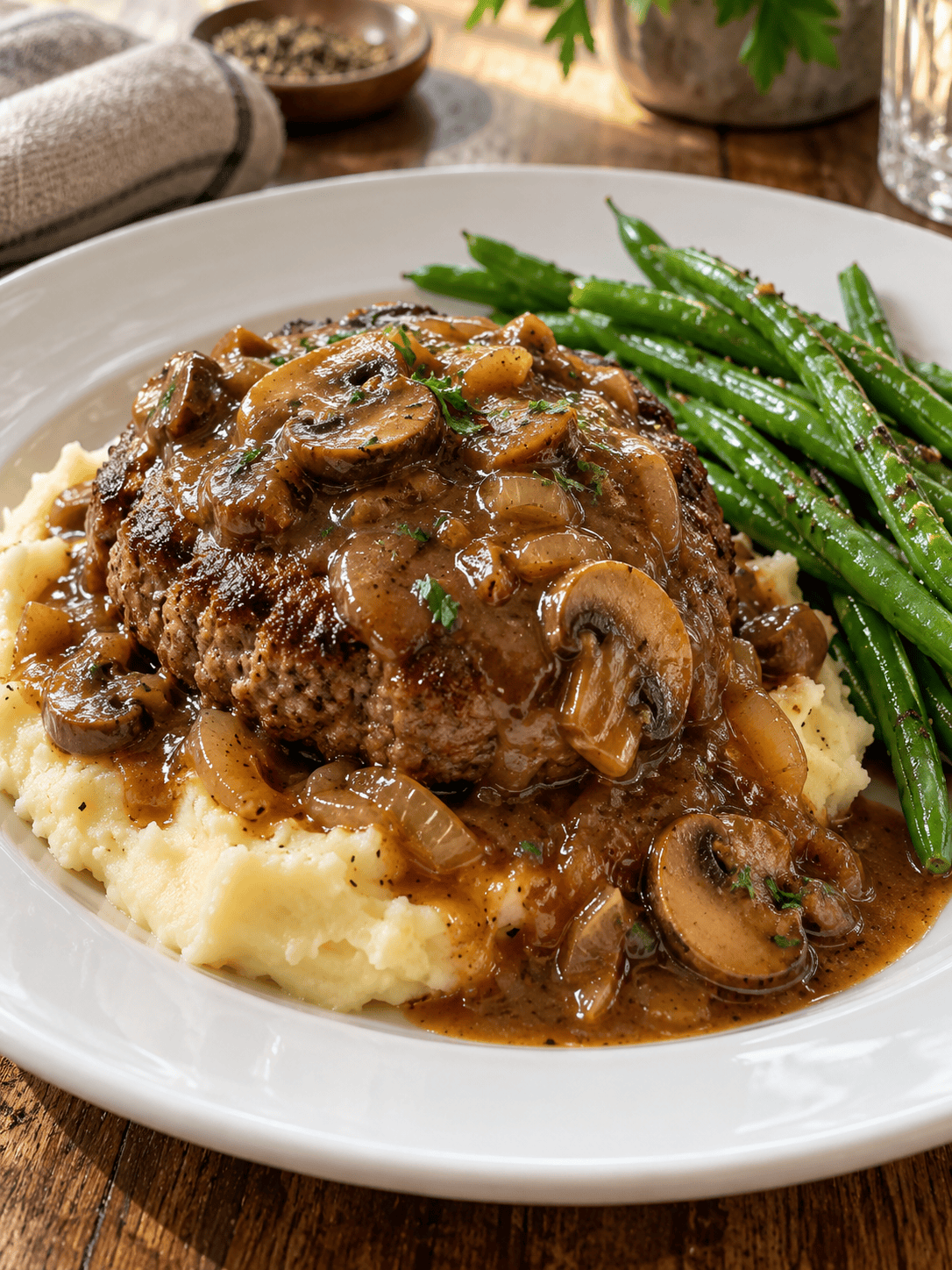 Hamburger steak with mushroom onion gravy served over mashed potatoes with green beans