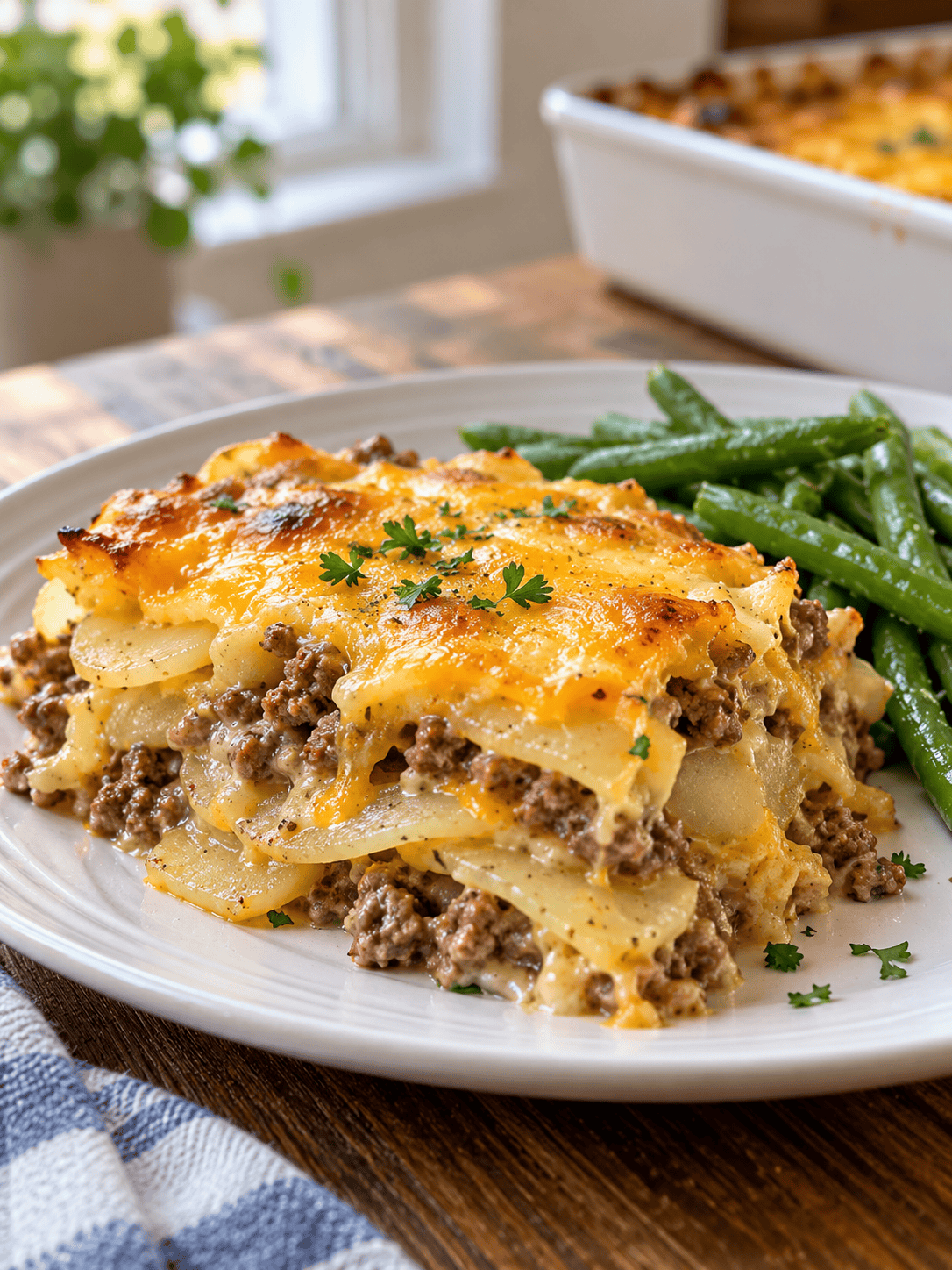 Serving of cheesy hamburger potato casserole with green beans