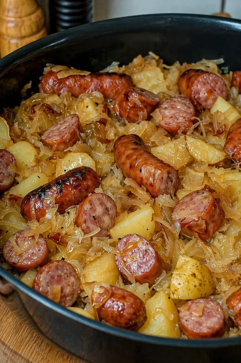 polish sausage sauerkraut and potatoes in a skillet with sliced kielbasa and tender potatoes