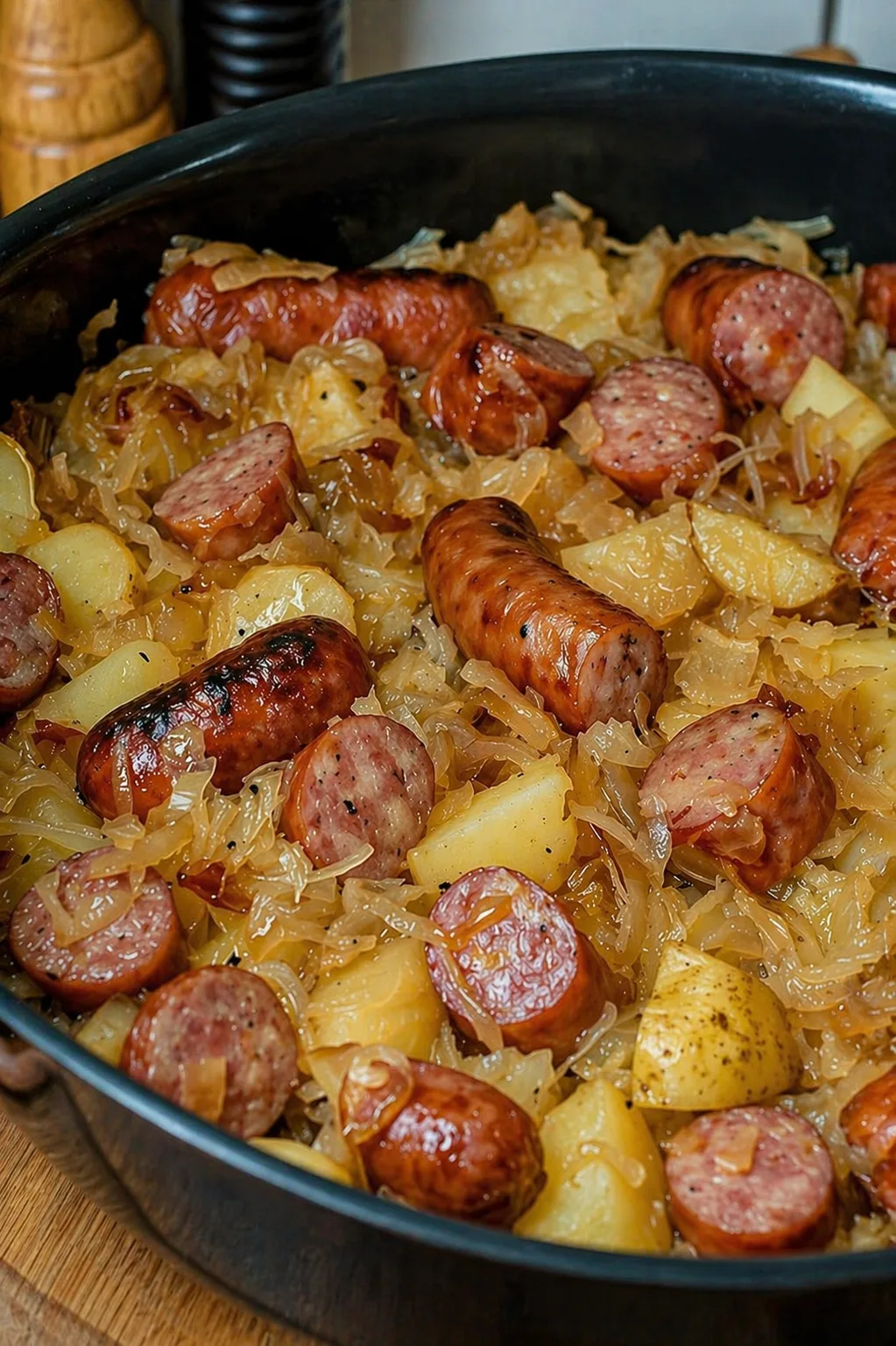 polish sausage sauerkraut and potatoes in a skillet with sliced kielbasa and tender potatoes