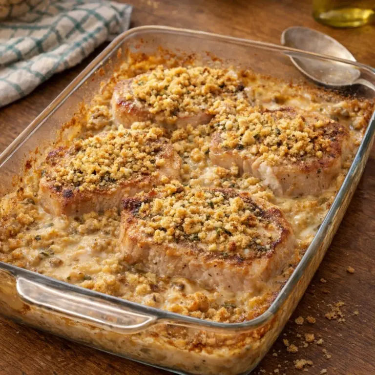 Creamy baked pork chops over savory stuffing in a casserole dish