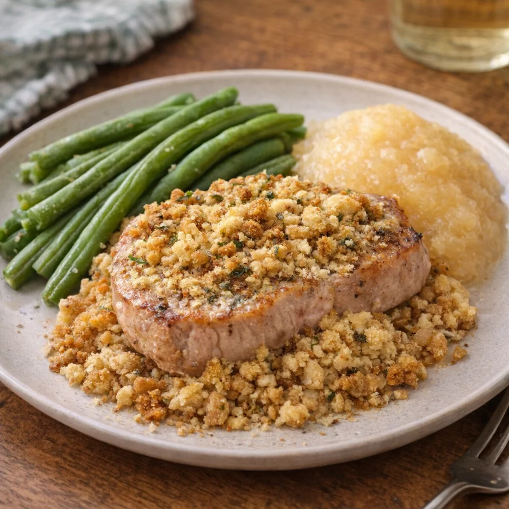 Pork chop stuffing bake plated with simple side dishes