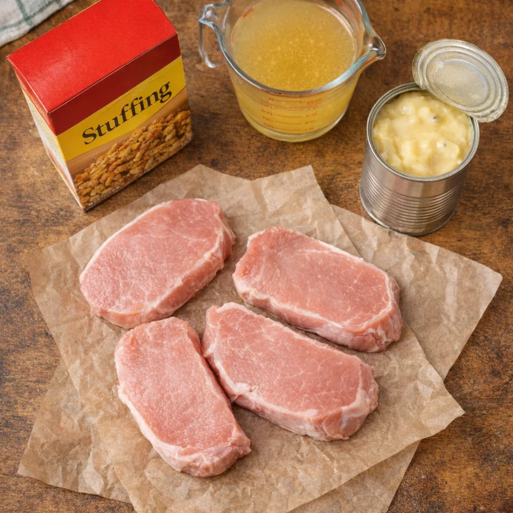Four ingredients for pork chop stuffing bake arranged on a counter