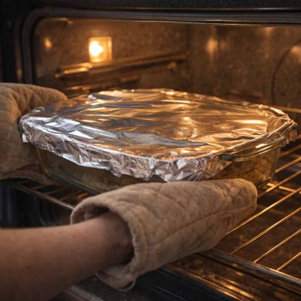 Foil-covered pork chop and stuffing casserole ready to bake