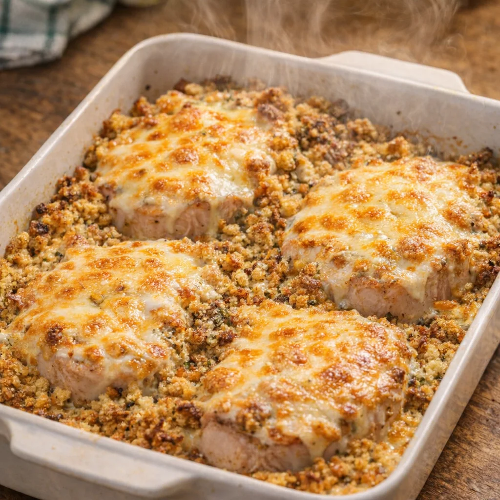 Cheesy pork chop stuffing bake fresh from the oven