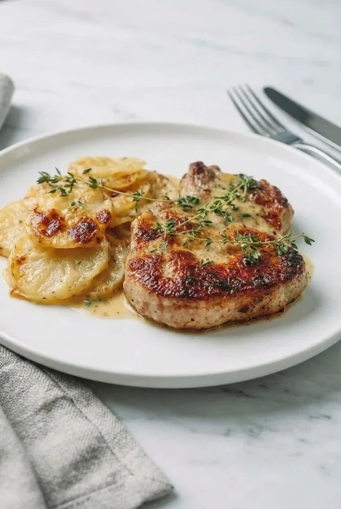 Delicious pork chops served alongside creamy scalloped potatoes