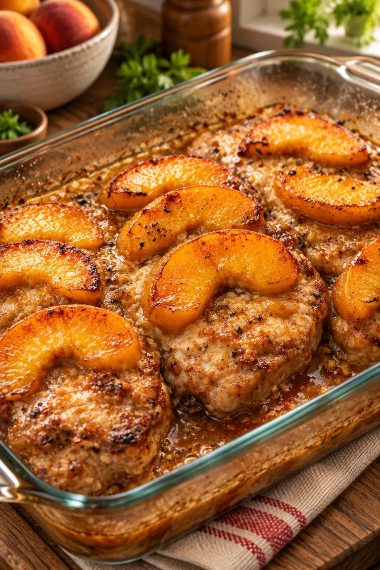Baked pork chops with peaches and cottage cheese in a glass baking dish