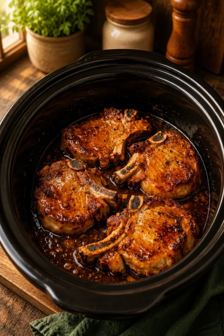 Pork chops glazed with crunchy honey garlic sauce on a plate