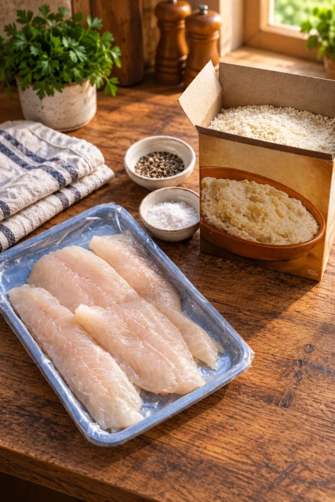 Crispy fried white fish fillets coated with instant mashed potato flakes