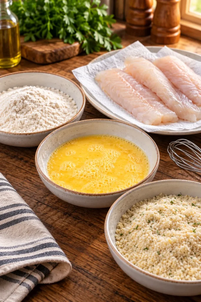 Crispy fried white fish fillets coated with instant mashed potato flakes