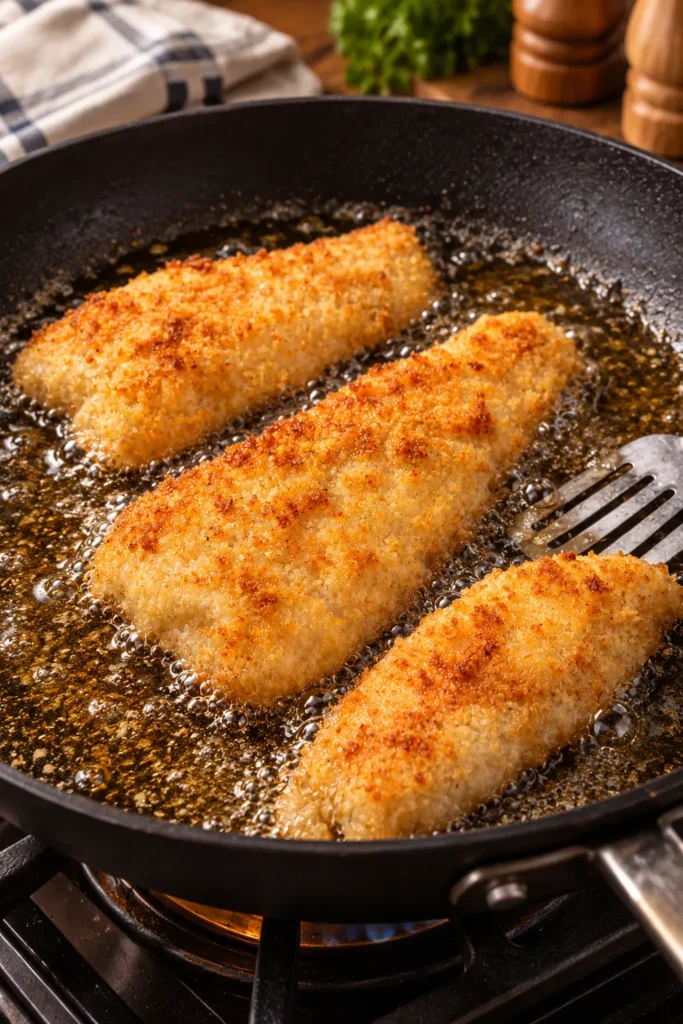 Crispy fried white fish fillets coated with instant mashed potato flakes