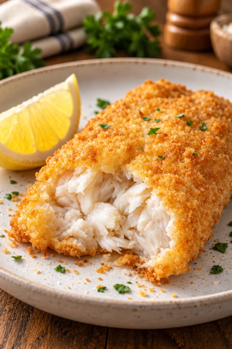 Crispy fried white fish fillets coated with instant mashed potato flakes