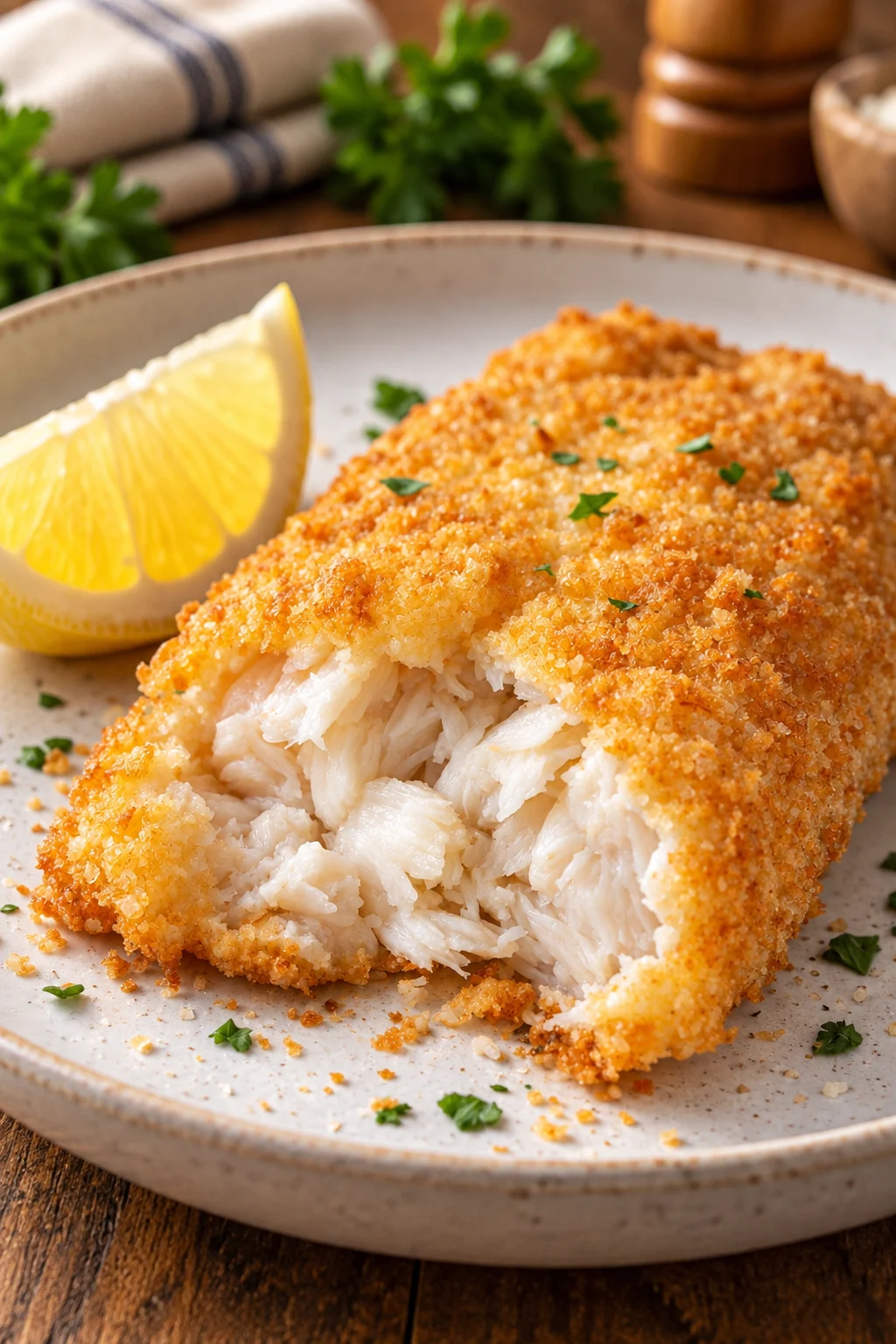 Crispy fried white fish fillets coated with instant mashed potato flakes