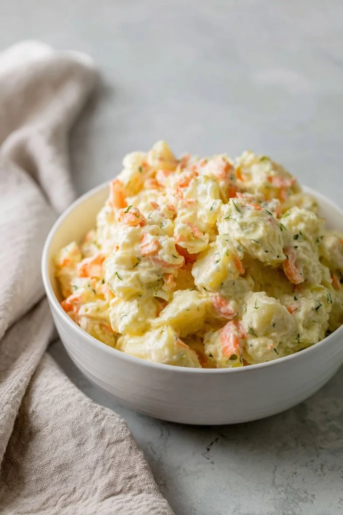 Creamy Potato Mac Salad served in a bowl with fresh ingredients