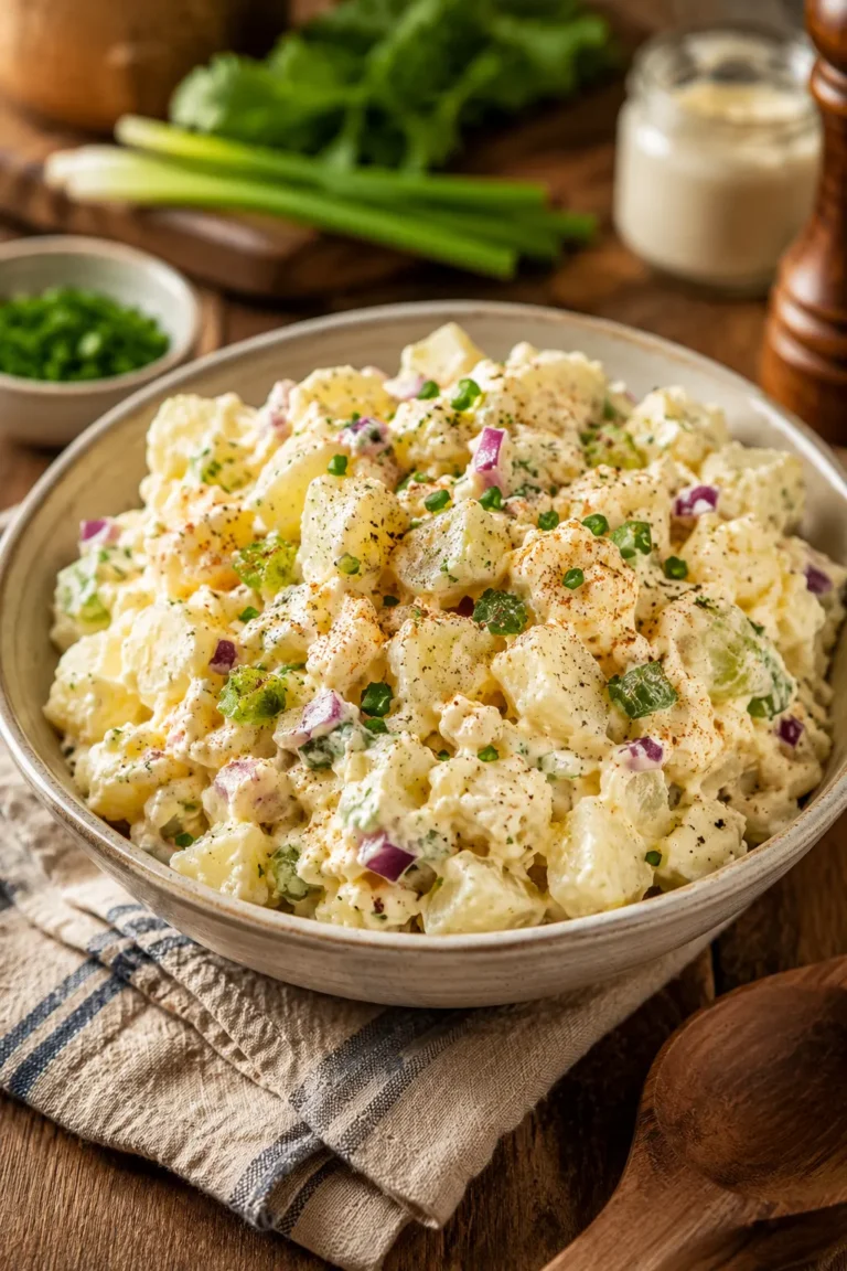 Creamy potato salad without eggs made with potatoes, celery, dill pickles, mustard, and fresh herbs