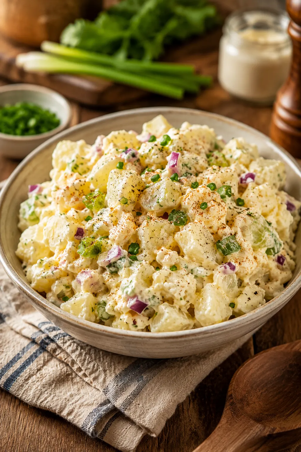 Creamy potato salad without eggs made with potatoes, celery, dill pickles, mustard, and fresh herbs