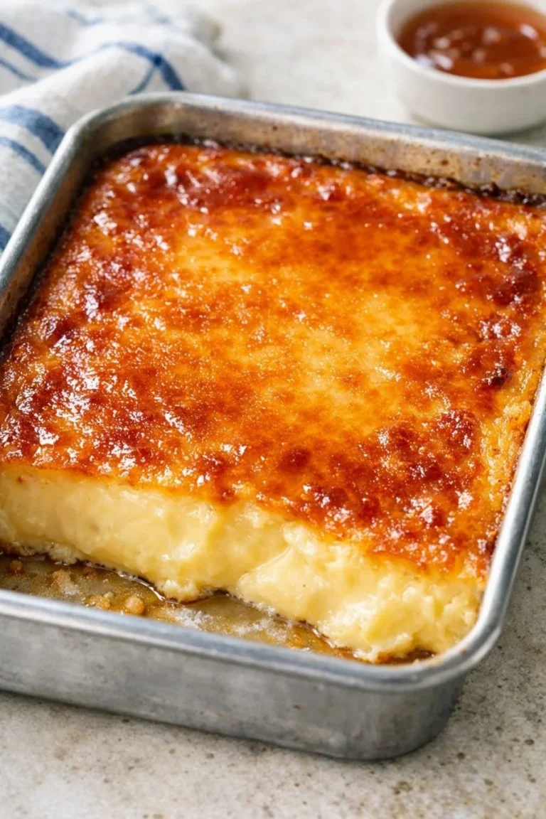 Raw sweetened condensed milk in a roasting pan with two ingredients