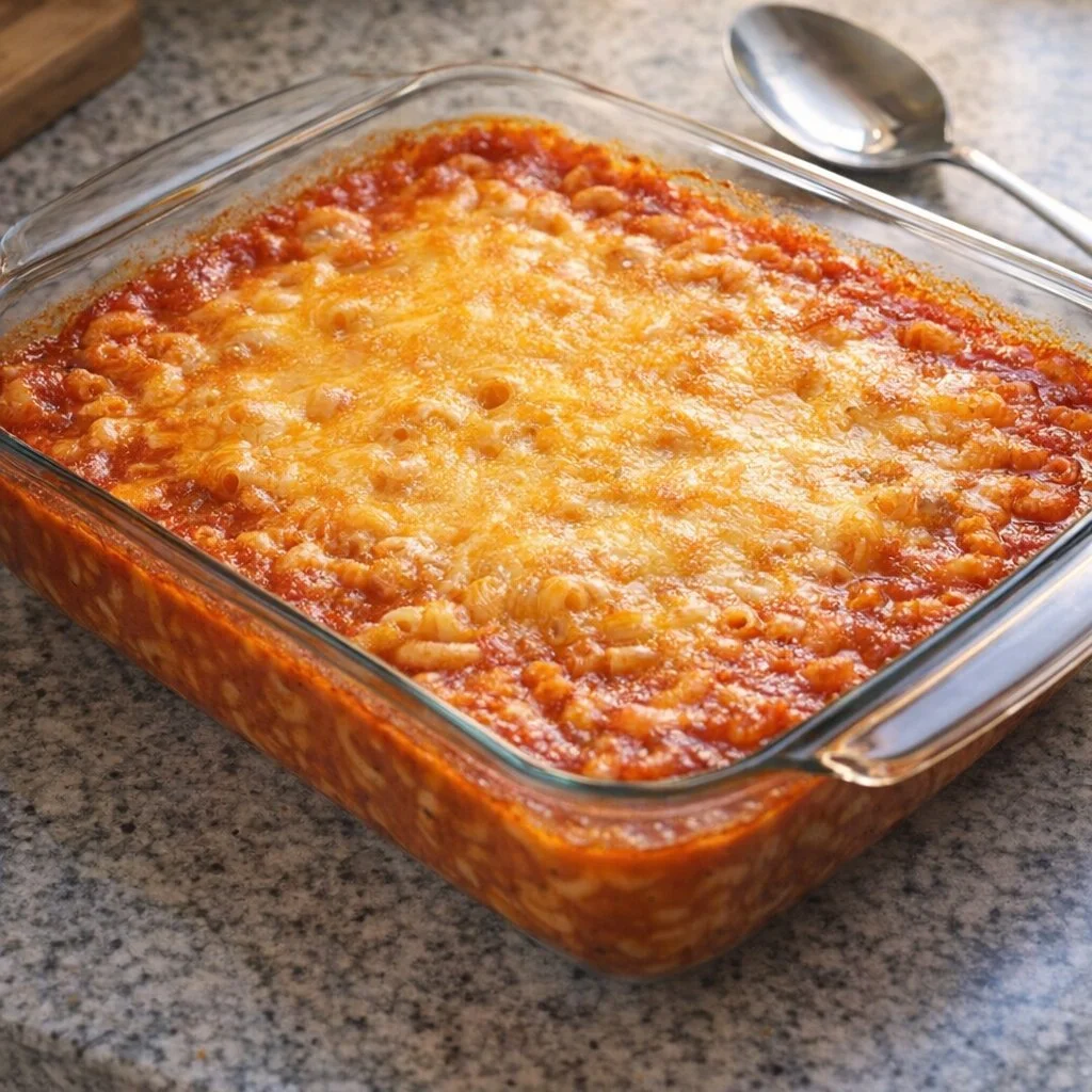 Baked elbow macaroni with canned tomato soup and three added ingredients