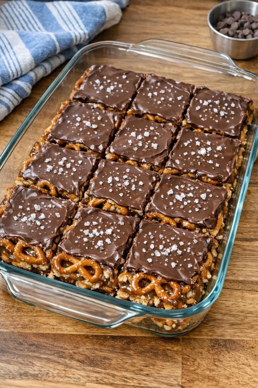 Caramel pretzel twists in a baking dish with caramel sauce and pantry staples