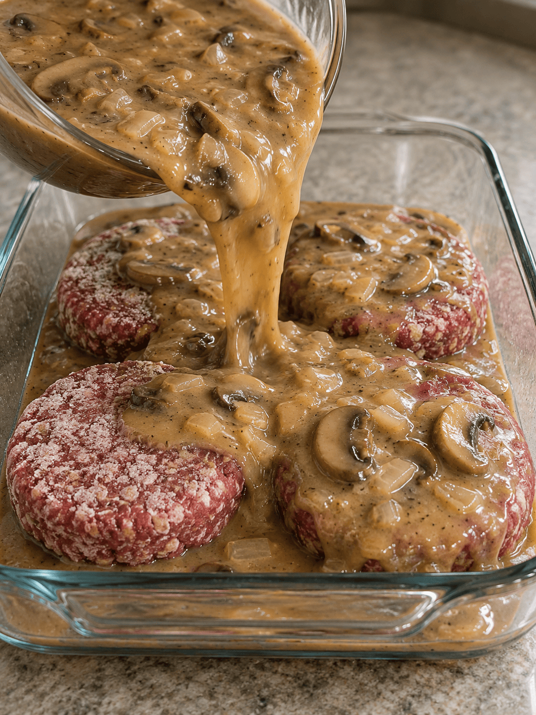 Mushroom onion gravy poured over frozen burger patties before baking