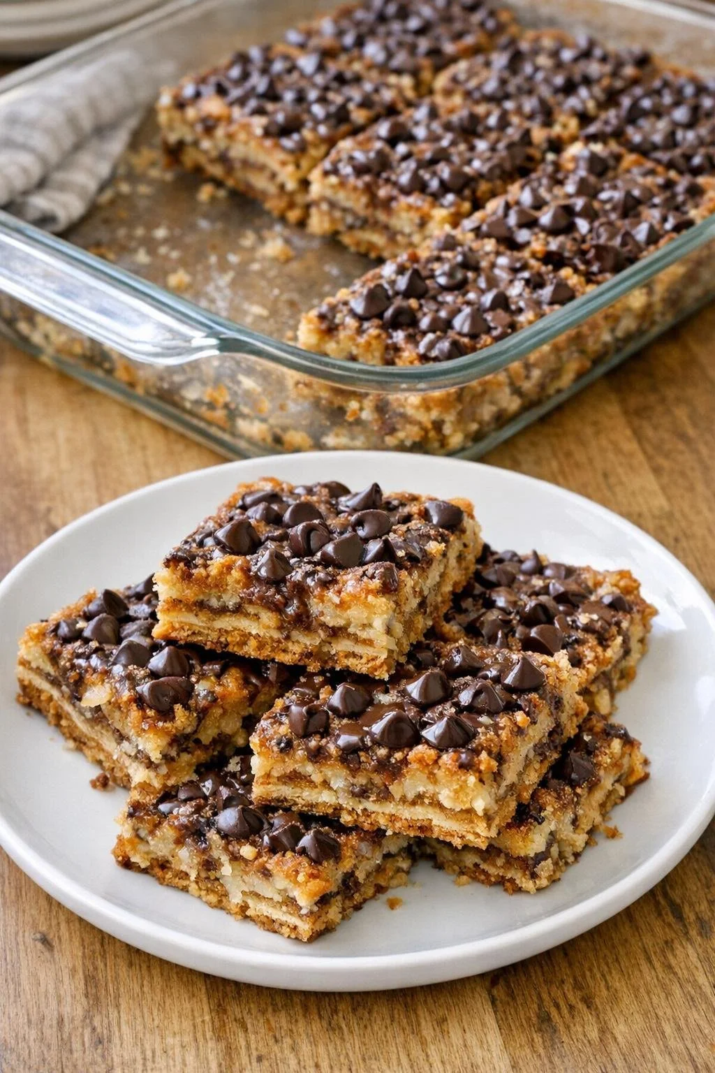 Sweetened condensed milk poured over graham crackers in a baking dish.