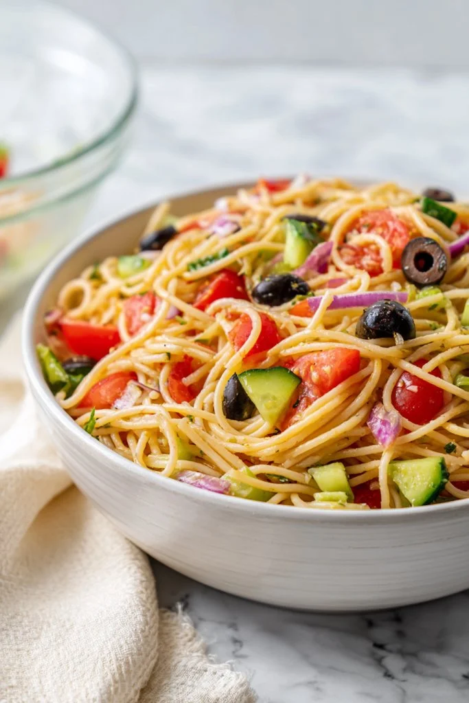Delicious spaghetti salad with fresh ingredients, perfect for summer gatherings.