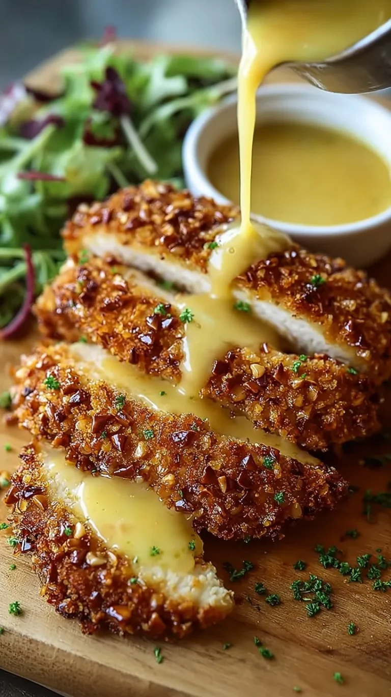 Golden brown pretzel crusted chicken breasts served with honey mustard sauce on a plate.